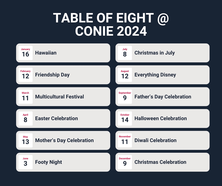 Conie Avenue Table of 8 Calendar