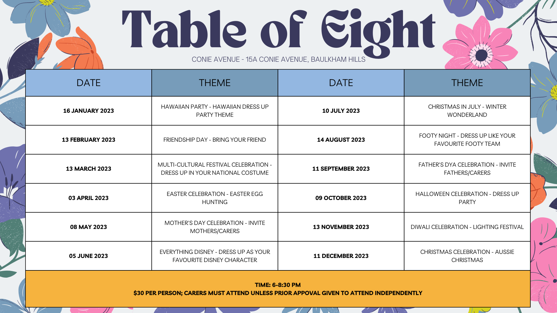Table of 8 Conie Schedule