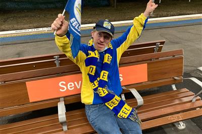 Dressed in Parramatta NRL supporters Jersey and scarf